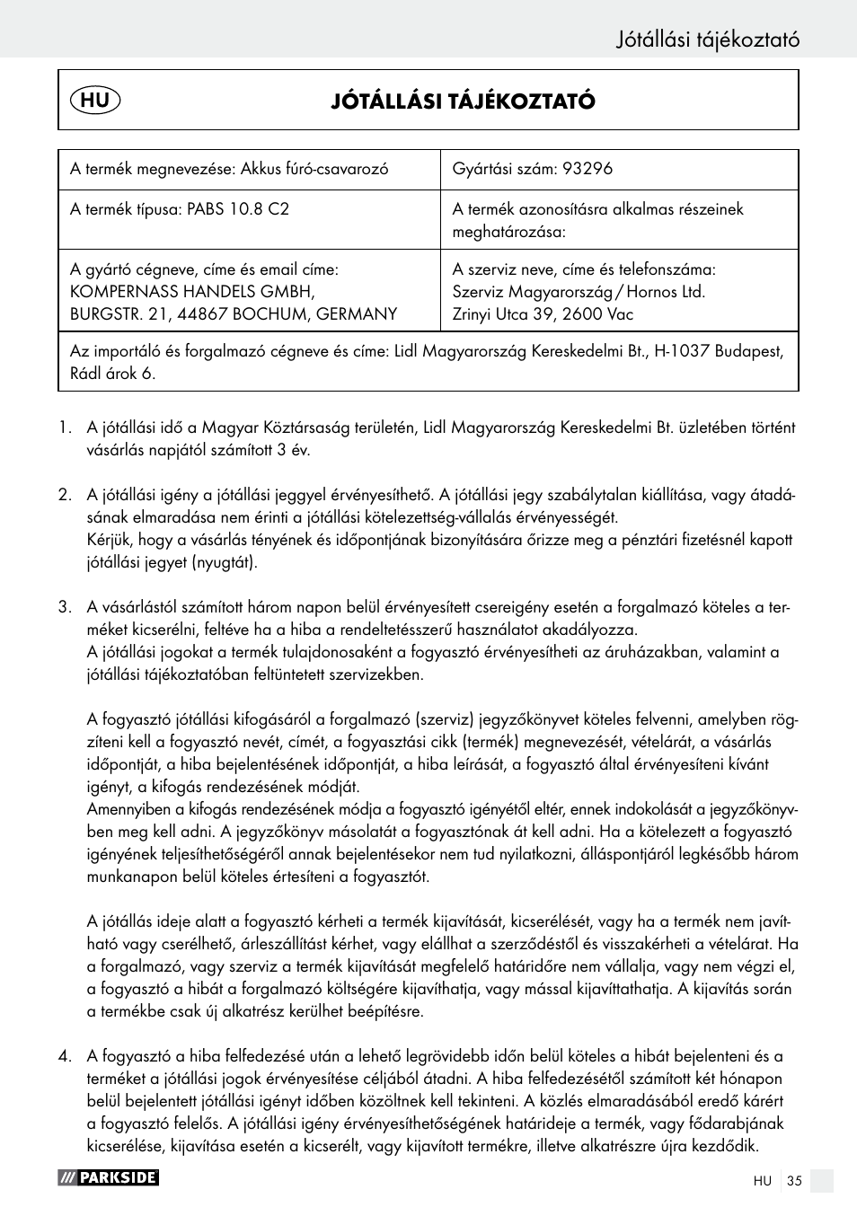 Jótállási tájékoztató | Parkside PABS 10.8 C2 User Manual | Page 35 / 77