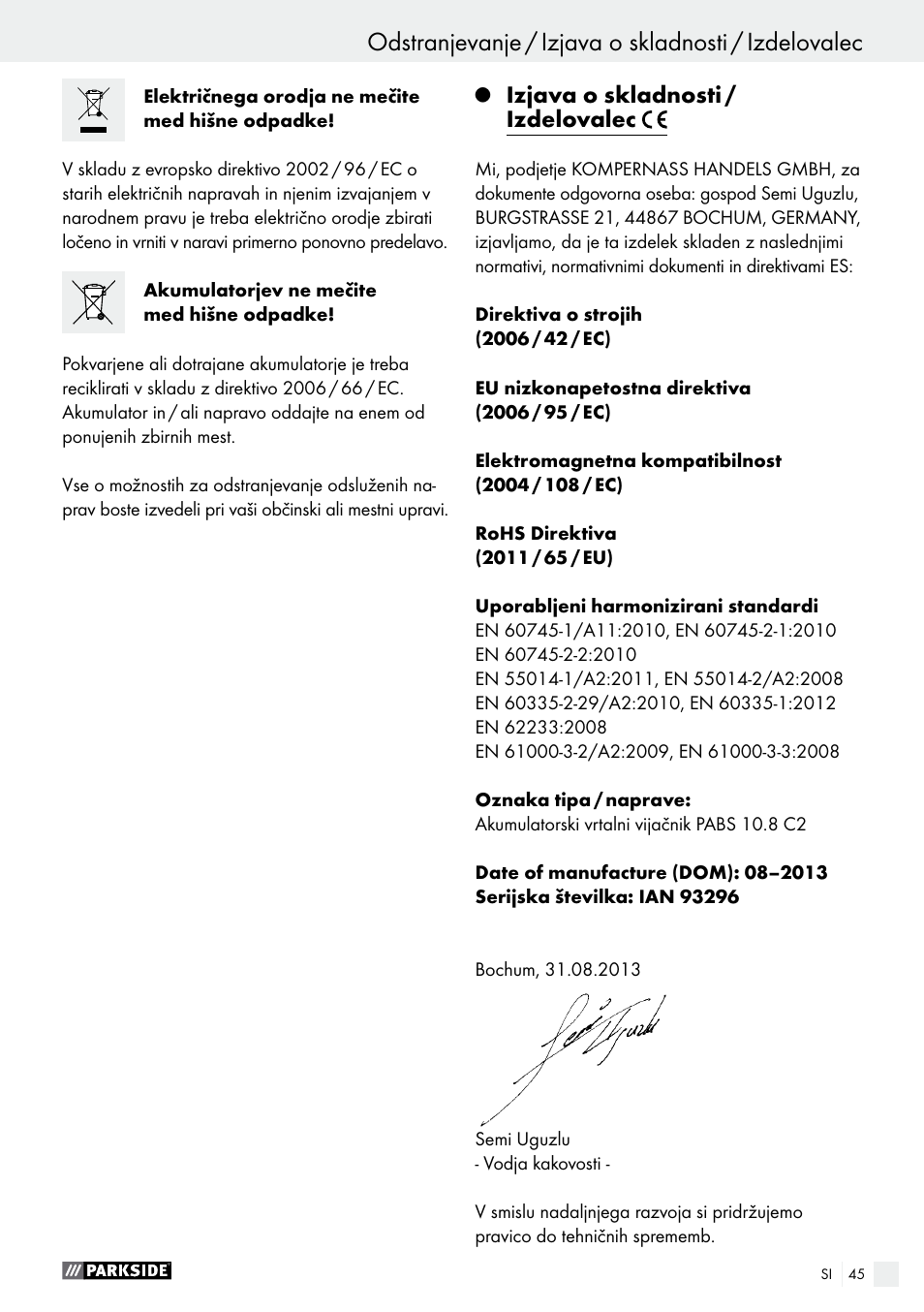Izjava o skladnosti / izdelovalec | Parkside PABS 10.8 C2 User Manual | Page 45 / 77