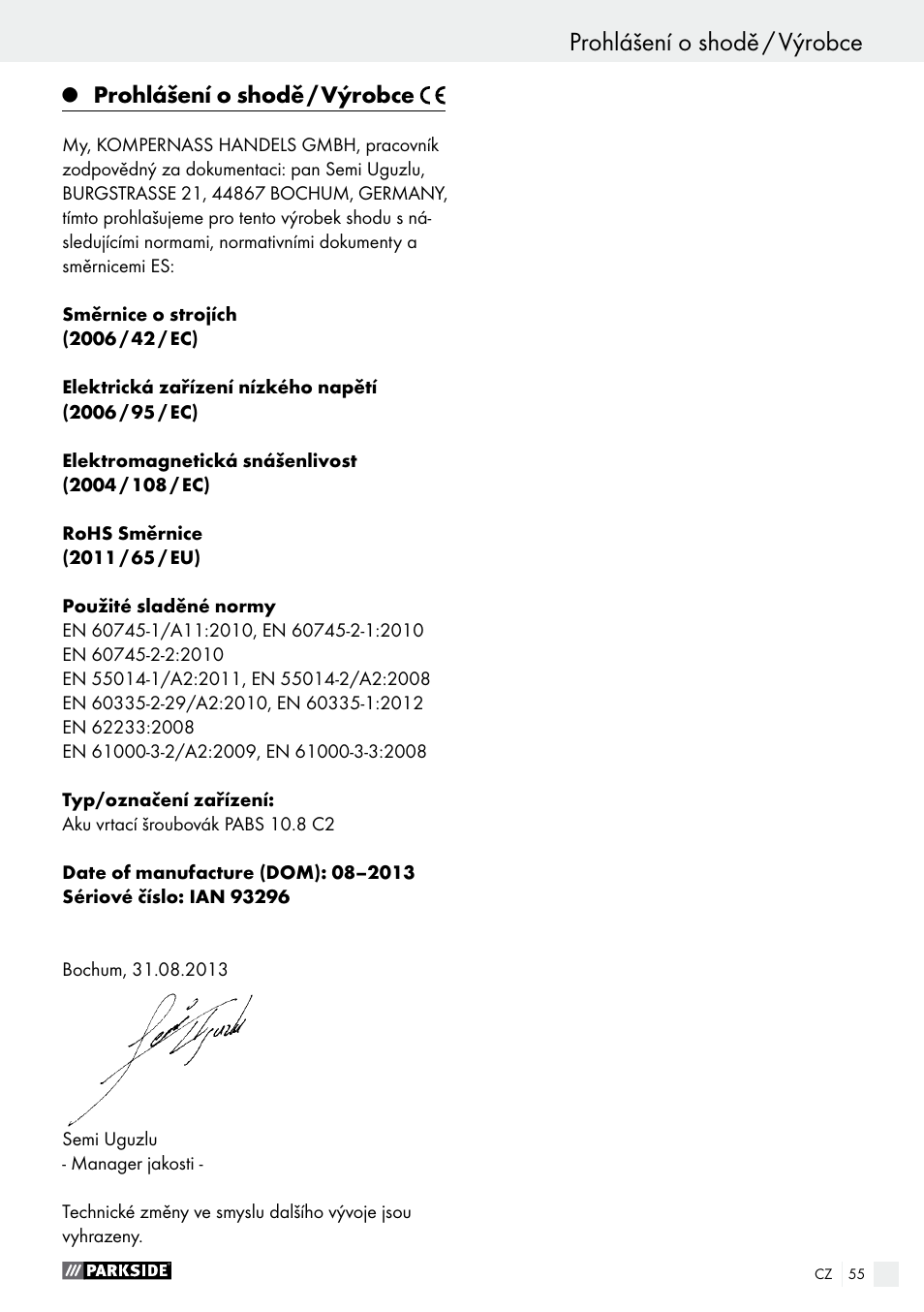 Prohlášení o shodě / výrobce | Parkside PABS 10.8 C2 User Manual | Page 55 / 77