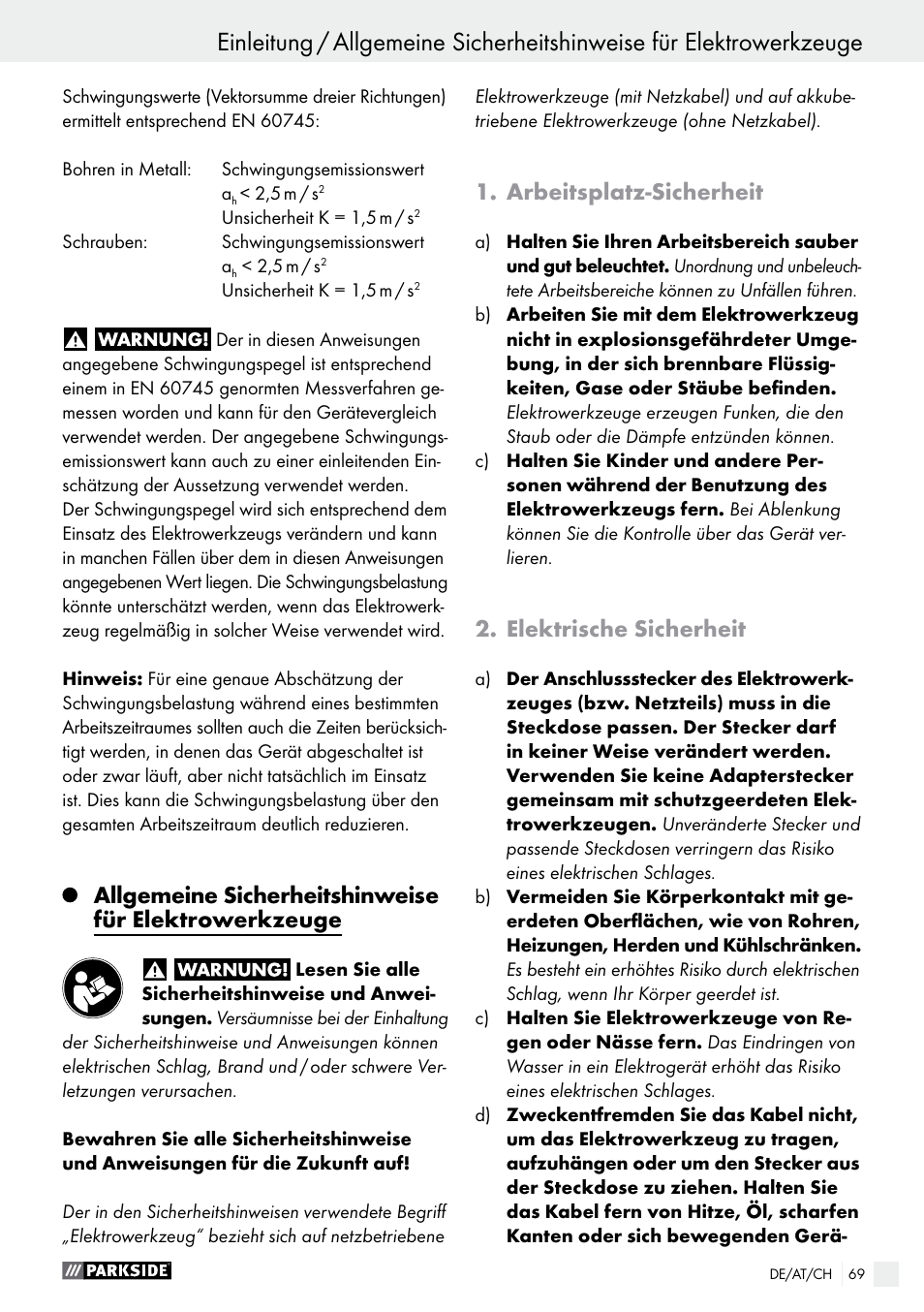 Arbeitsplatz-sicherheit, Elektrische sicherheit | Parkside PABS 10.8 C2 User Manual | Page 69 / 77
