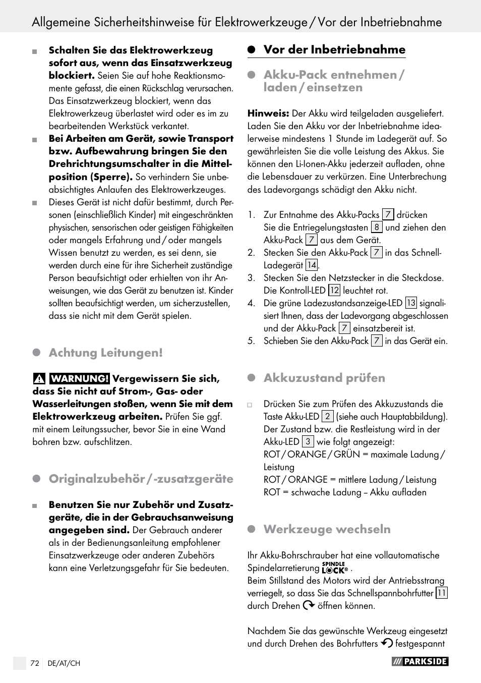 Achtung leitungen, Originalzubehör / -zusatzgeräte, Vor der | Inbetriebnahme, Akku-pack entnehmen / laden / einsetzen, Akkuzustand prüfen, Werkzeuge wechseln | Parkside PABS 10.8 C2 User Manual | Page 72 / 77