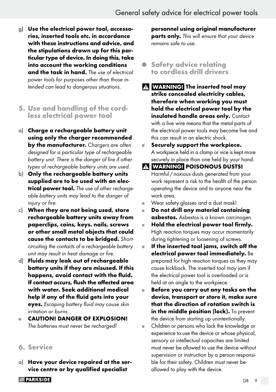 General safety advice for electrical power tools, Service, Safety advice relating to cordless drill drivers | Parkside PABS 10.8 C2 User Manual | Page 9 / 77
