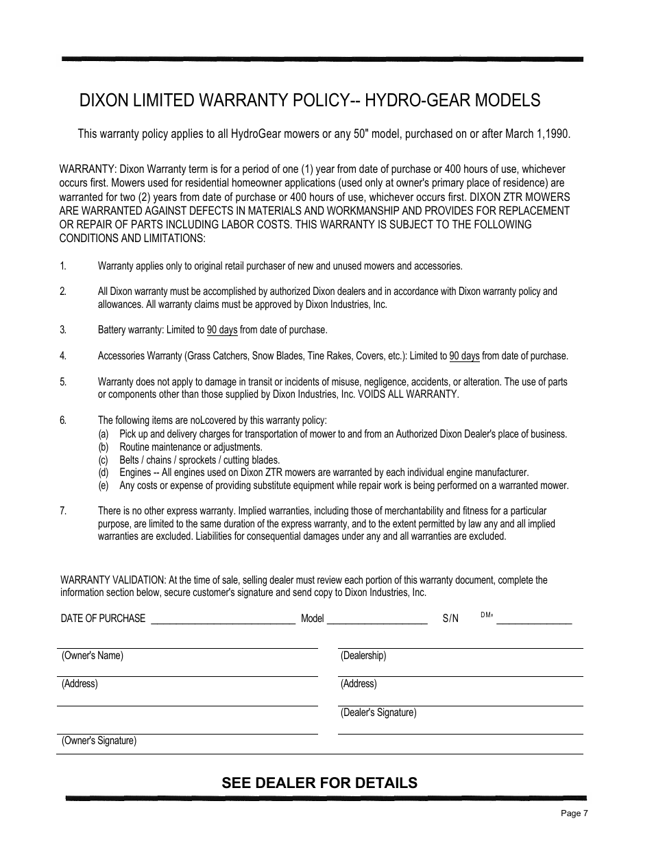 Dixon limited warranty policy-- hydro-gear models, See dealer for details | Dixon ZTR 5423 User Manual | Page 10 / 70