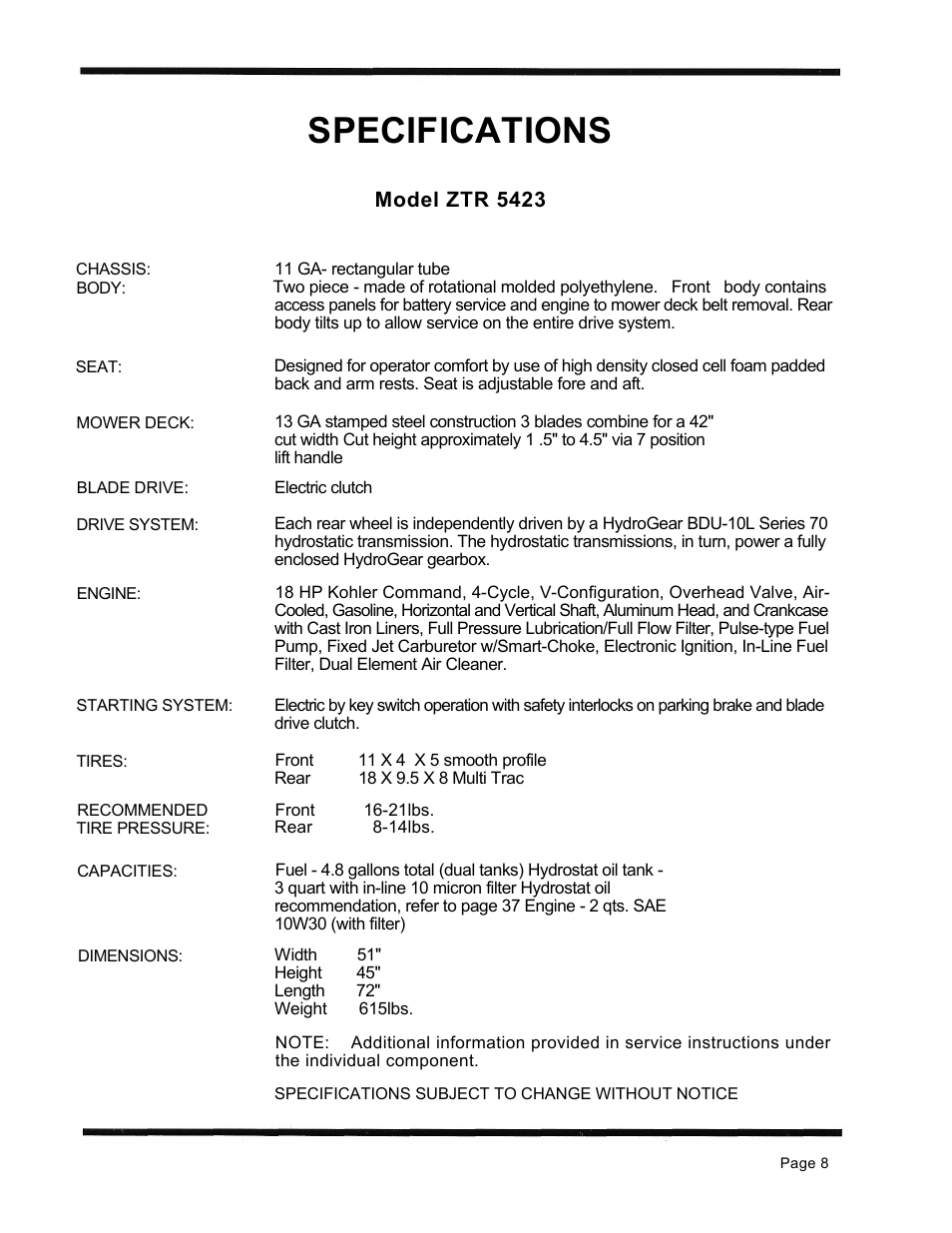 Specifications, Model ztr 5423 | Dixon ZTR 5423 User Manual | Page 11 / 70