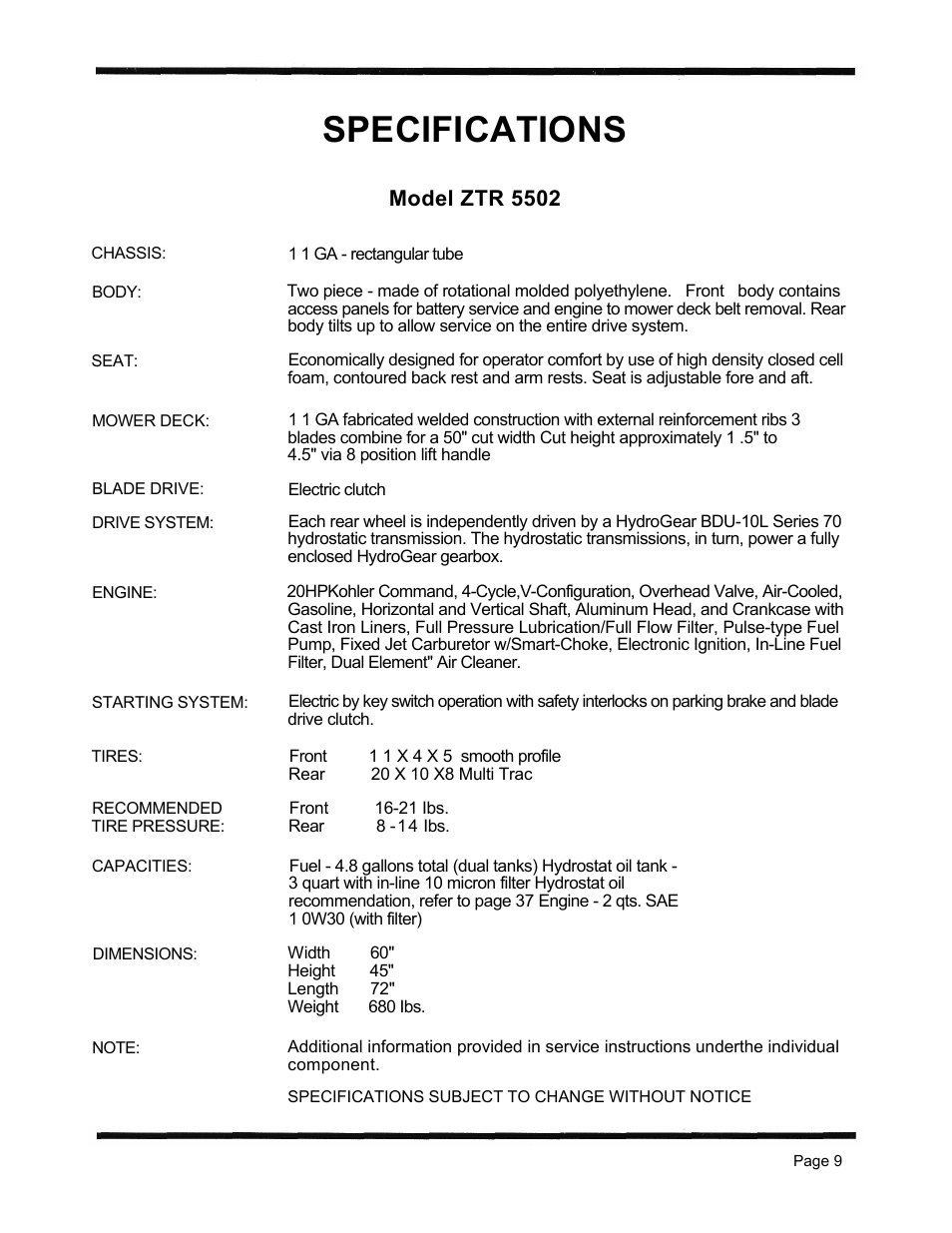 Specifications, Model ztr 5502 | Dixon ZTR 5423 User Manual | Page 12 / 70