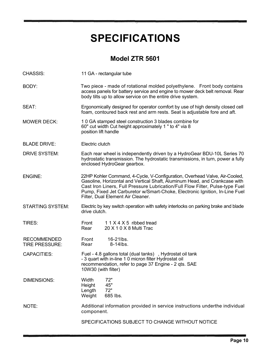 Specifications, Model ztr 5601 | Dixon ZTR 5423 User Manual | Page 13 / 70