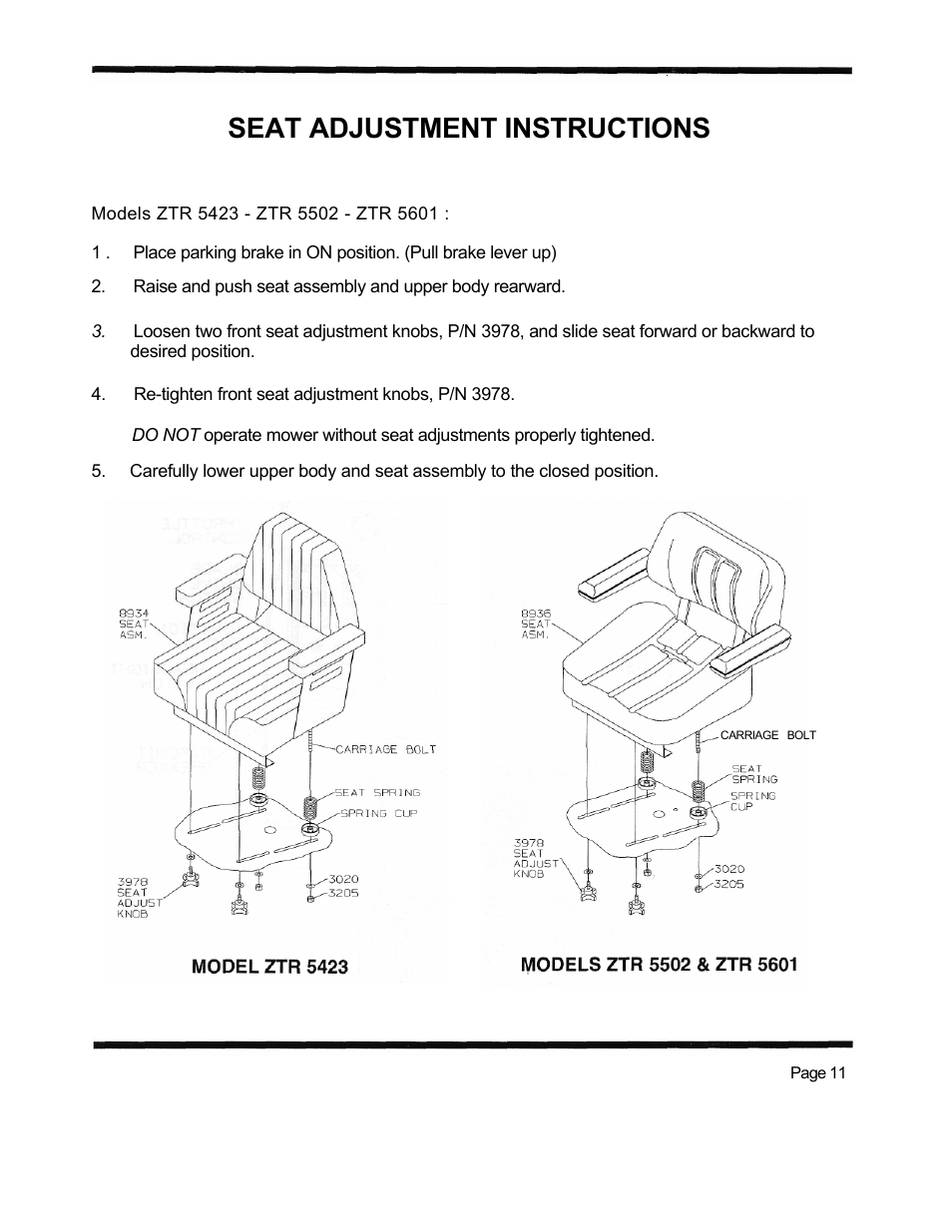 Seat adjustment instructions | Dixon ZTR 5423 User Manual | Page 14 / 70