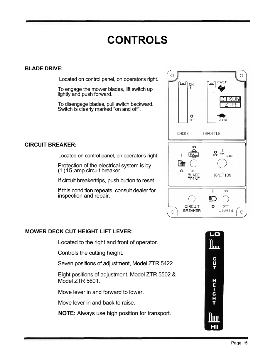 Controls | Dixon ZTR 5423 User Manual | Page 18 / 70