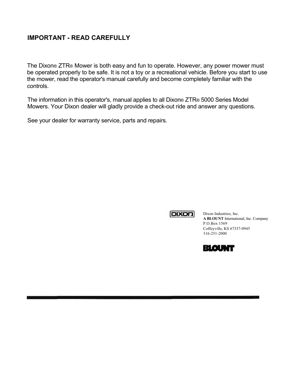 Important - read carefully | Dixon ZTR 5423 User Manual | Page 2 / 70