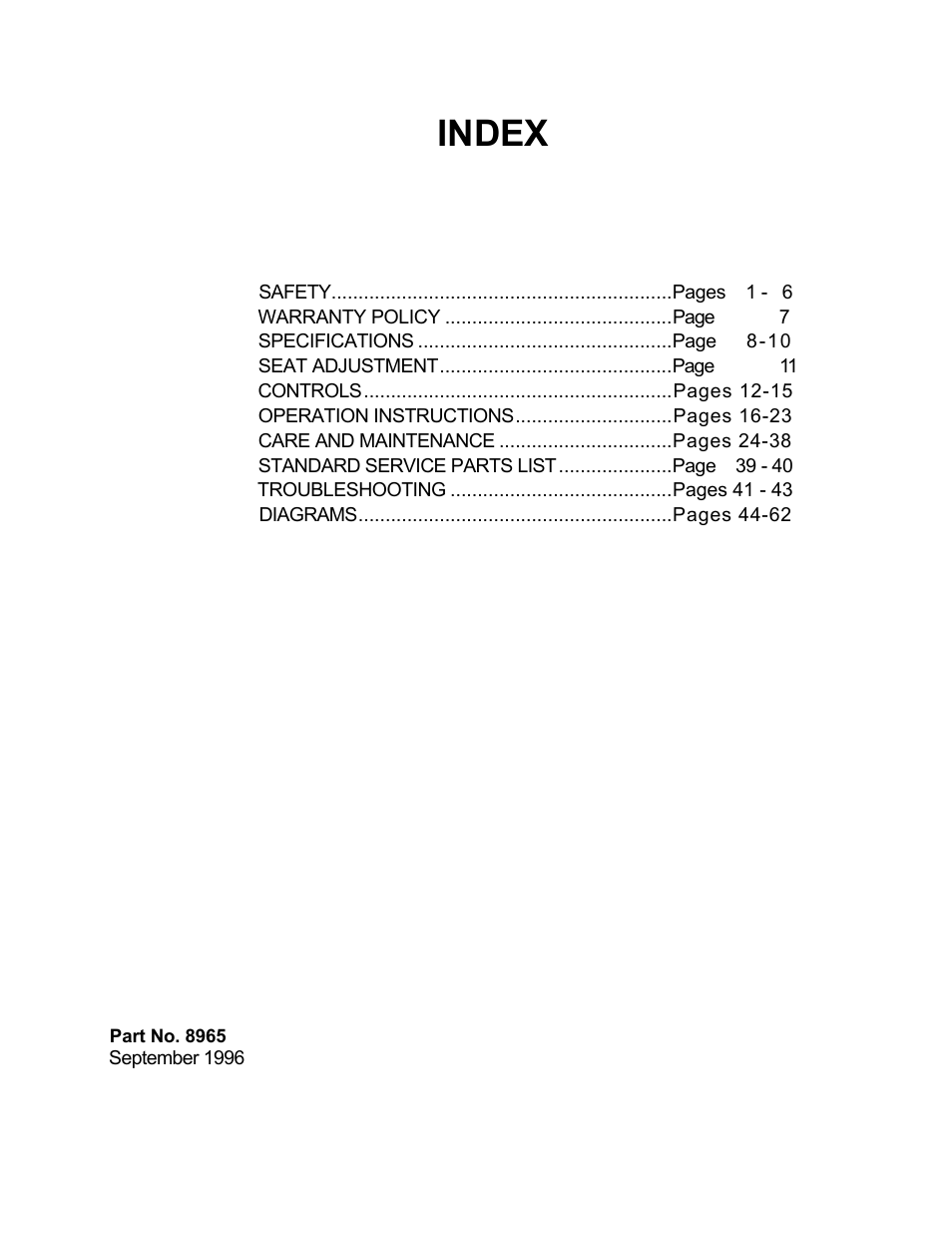 Index | Dixon ZTR 5423 User Manual | Page 3 / 70