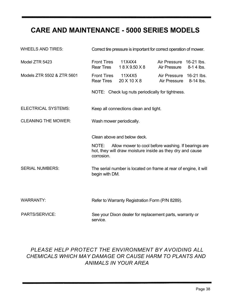 Care and maintenance - 5000 series models, Animals in your area | Dixon ZTR 5423 User Manual | Page 41 / 70