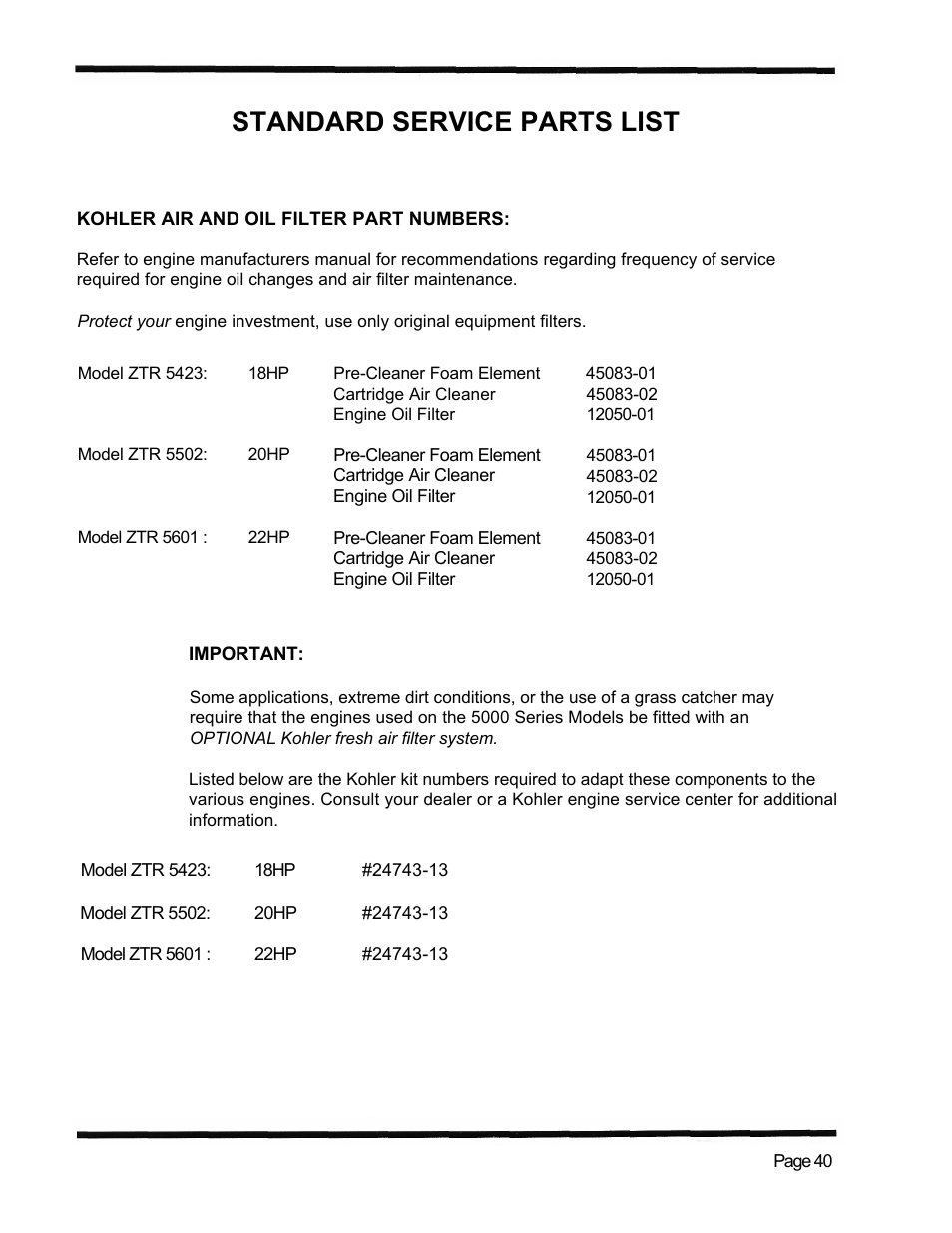 Standard service parts list | Dixon ZTR 5423 User Manual | Page 43 / 70