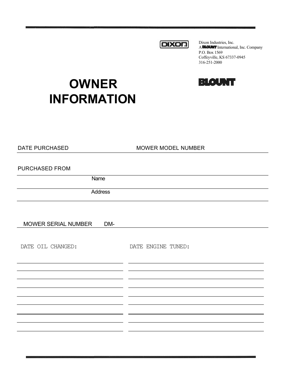 Owner information, Date oil changed, Date engine tuned | Dixon ZTR 5423 User Manual | Page 66 / 70