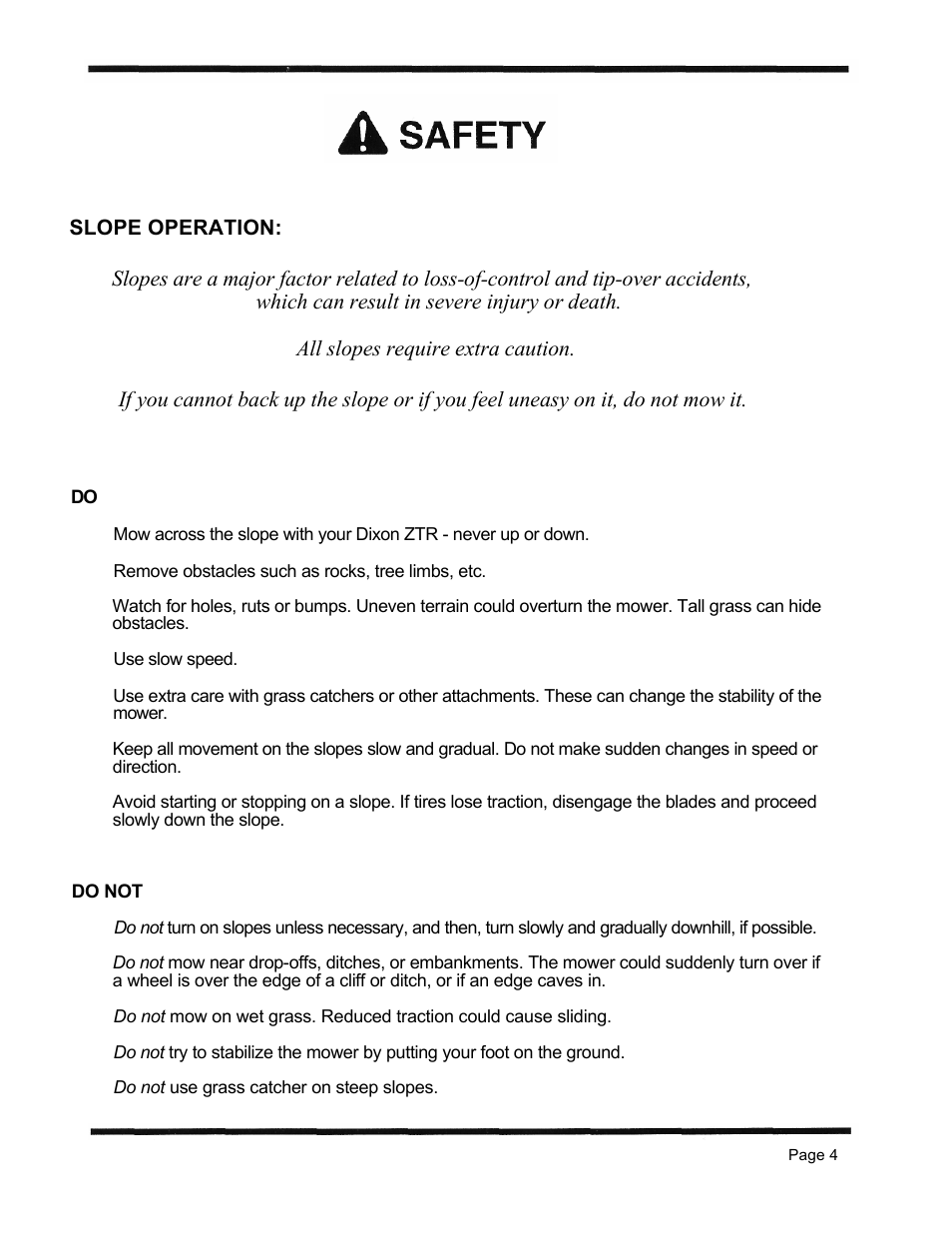 Slope operation | Dixon ZTR 5423 User Manual | Page 7 / 70