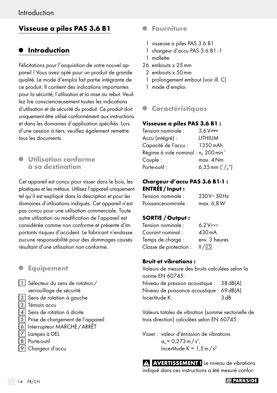 Visseuse a piles pas 3.6 b1, Introduction, Utilisation conforme à sa destination | Equipement, Fourniture, Caractéristiques | Parkside PAS 3.6 B1 User Manual | Page 14 / 37