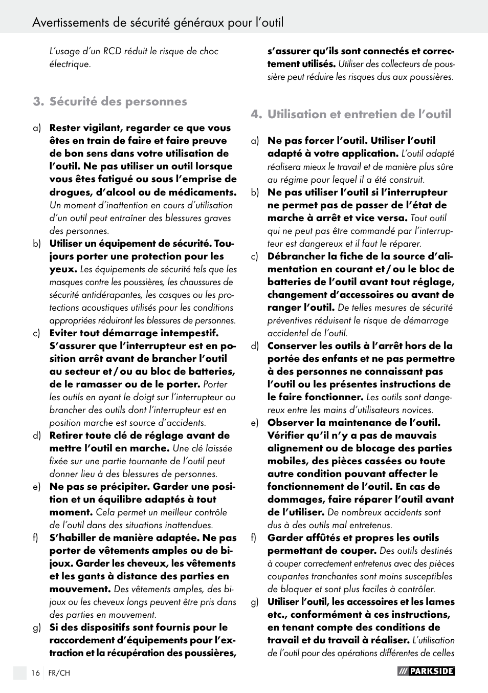 Avertissements de sécurité généraux pour l’outil, Sécurité des personnes, Utilisation et entretien de l’outil | Parkside PAS 3.6 B1 User Manual | Page 16 / 37