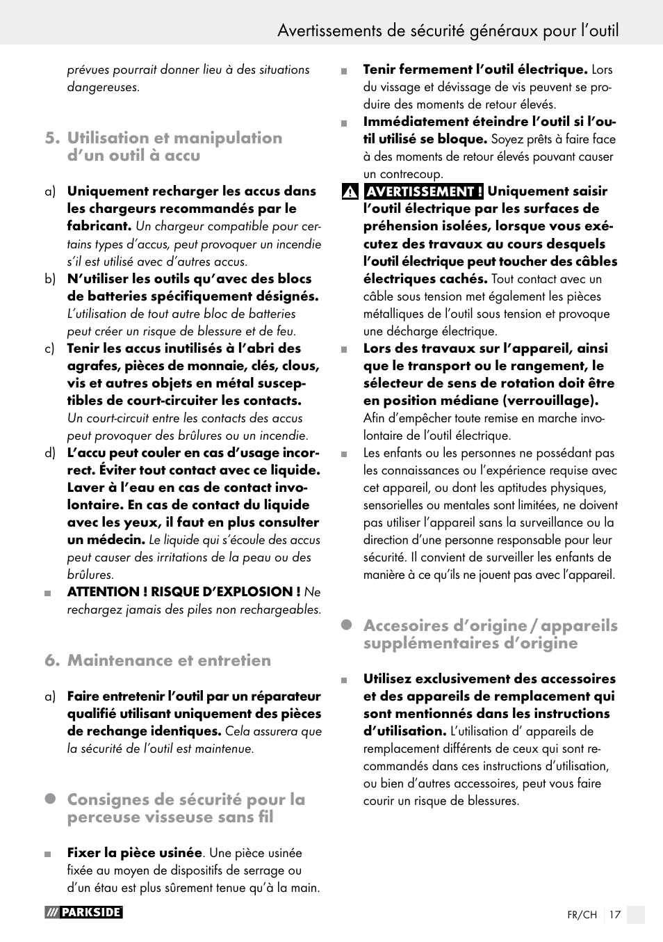 Avertissements de sécurité généraux pour l’outil, Utilisation et manipulation d’un outil à accu, Maintenance et entretien | Parkside PAS 3.6 B1 User Manual | Page 17 / 37