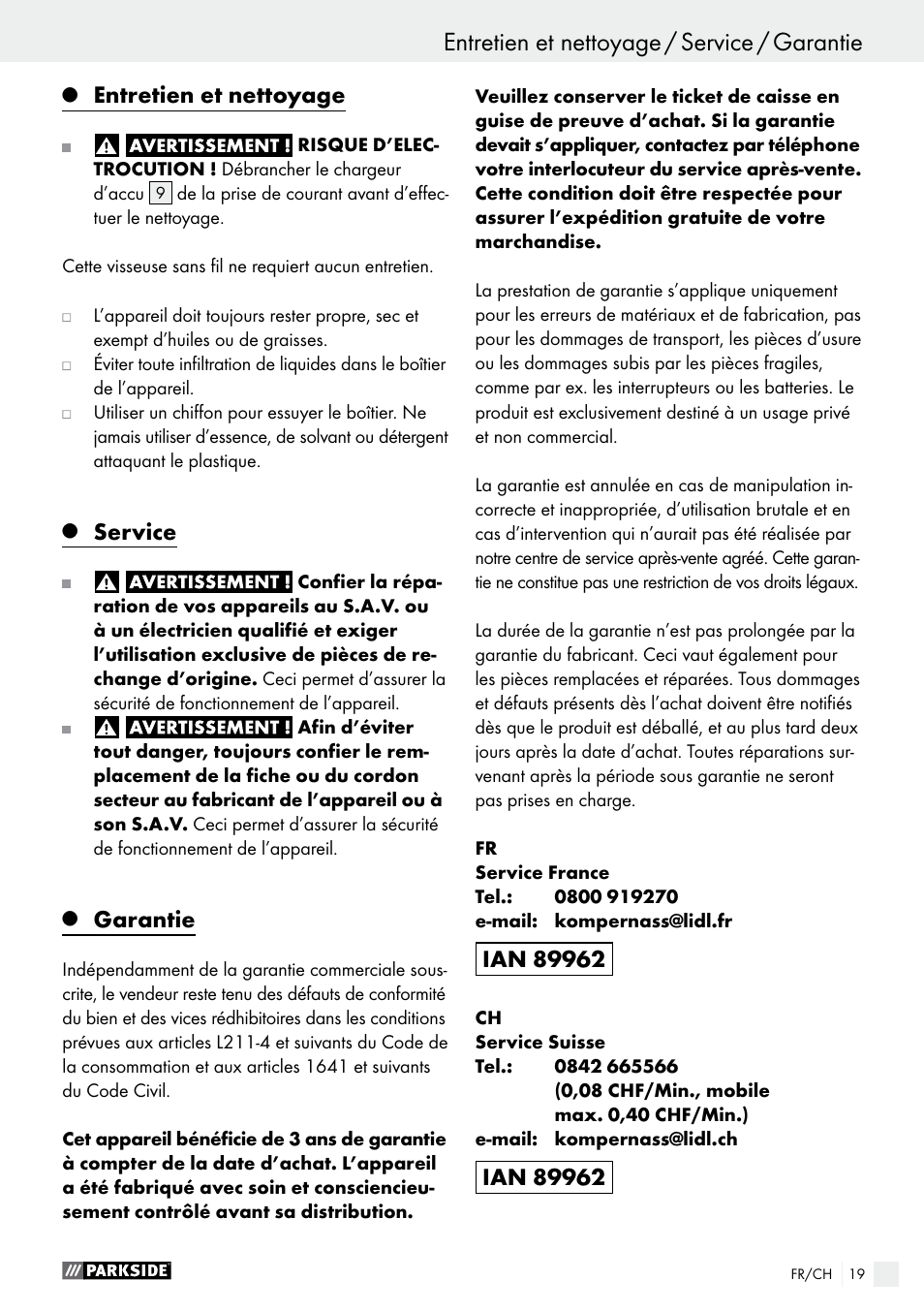 Entretien et nettoyage, Service, Garantie | Parkside PAS 3.6 B1 User Manual | Page 19 / 37