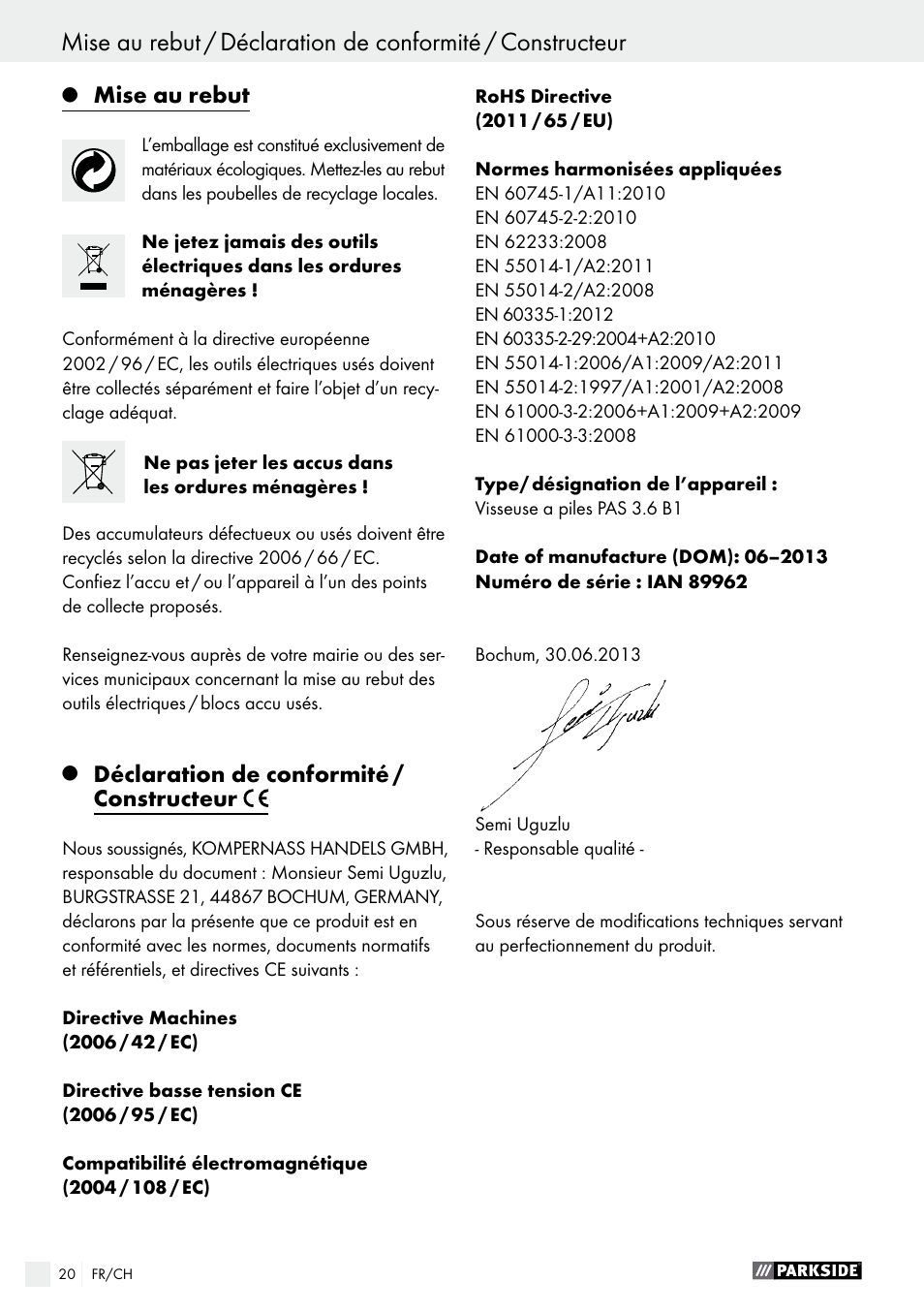 Mise au rebut, Déclaration de conformité / constructeur | Parkside PAS 3.6 B1 User Manual | Page 20 / 37
