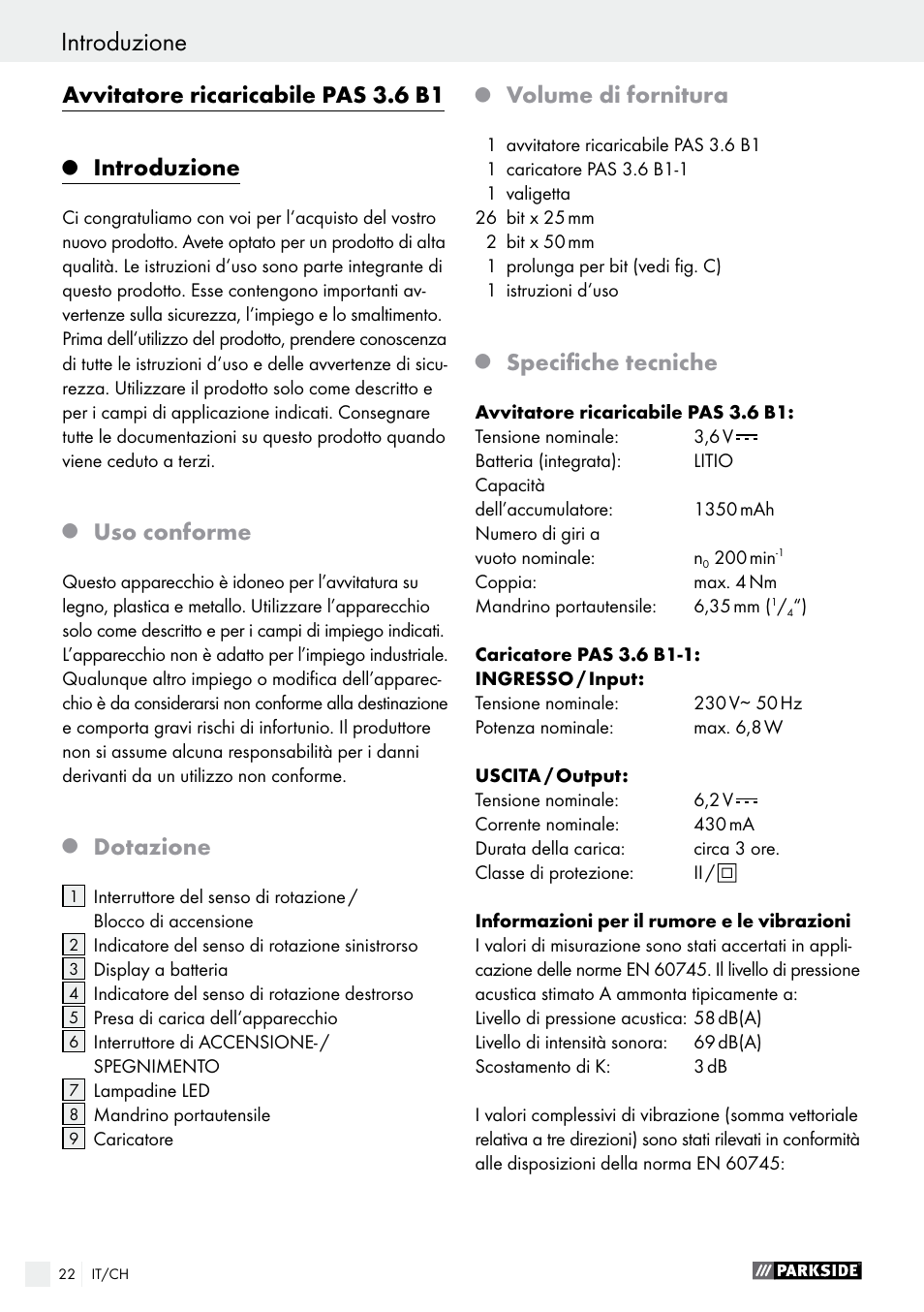 Avvitatore ricaricabile pas 3.6 b1, Introduzione, Uso conforme | Dotazione, Volume di fornitura, Specifiche tecniche | Parkside PAS 3.6 B1 User Manual | Page 22 / 37