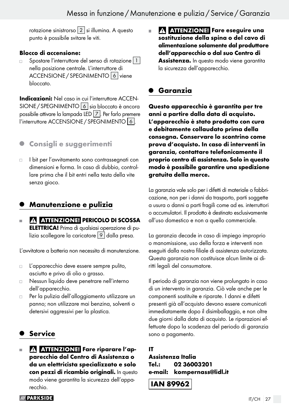 Consigli e suggerimenti, Manutenzione e pulizia, Service | Garanzia | Parkside PAS 3.6 B1 User Manual | Page 27 / 37