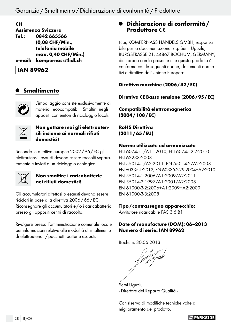 Smaltimento, Dichiarazione di conformità / produttore | Parkside PAS 3.6 B1 User Manual | Page 28 / 37