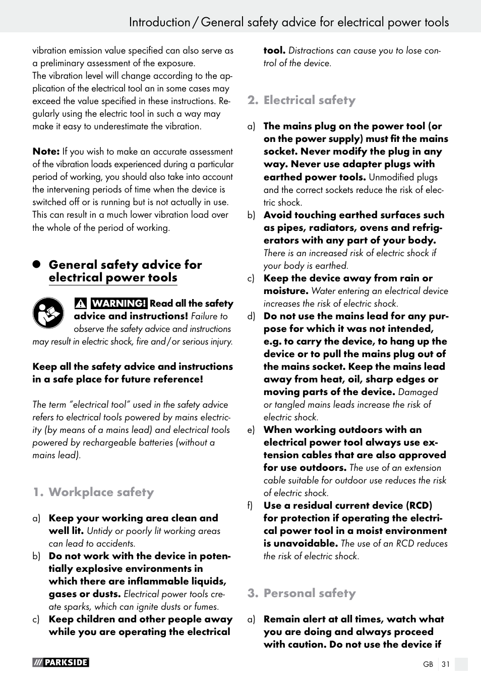 Introduction, General safety advice for electrical power tools, Workplace safety | Electrical safety, Personal safety | Parkside PAS 3.6 B1 User Manual | Page 31 / 37