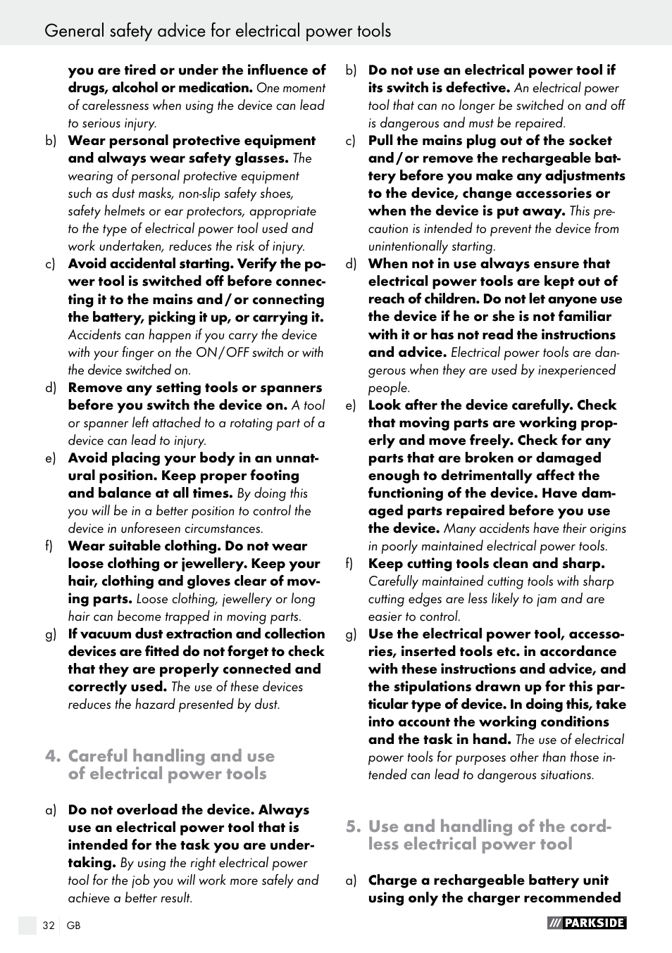 Careful handling and use of electrical power tools | Parkside PAS 3.6 B1 User Manual | Page 32 / 37