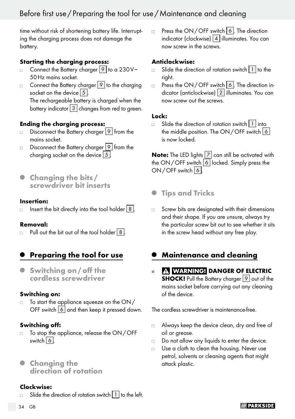 Changing the bits / screwdriver bit inserts, Preparing the tool for use, Switching on / off the cordless screwdriver | Changing the direction of rotation, Tips and tricks, Maintenance and cleaning | Parkside PAS 3.6 B1 User Manual | Page 34 / 37