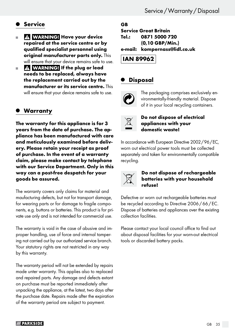 Service / warranty / disposal, Service, Warranty | Disposal | Parkside PAS 3.6 B1 User Manual | Page 35 / 37