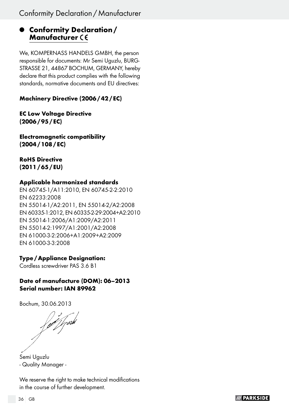 Conformity declaration / manufacturer | Parkside PAS 3.6 B1 User Manual | Page 36 / 37