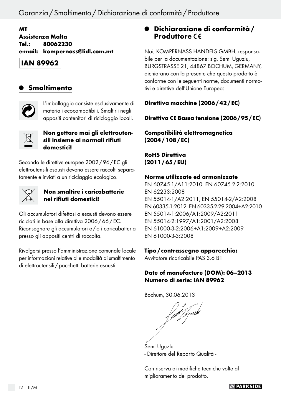 Smaltimento, Dichiarazione di conformità / produttore | Parkside PAS 3.6 B1 User Manual | Page 12 / 37