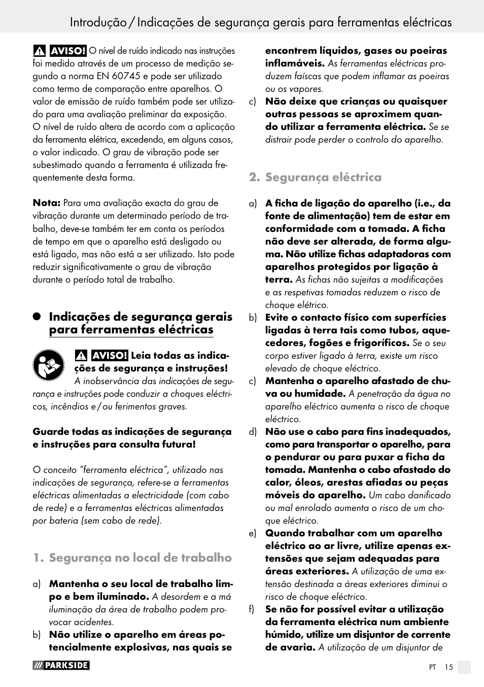 Segurança no local de trabalho, Segurança eléctrica | Parkside PAS 3.6 B1 User Manual | Page 15 / 37