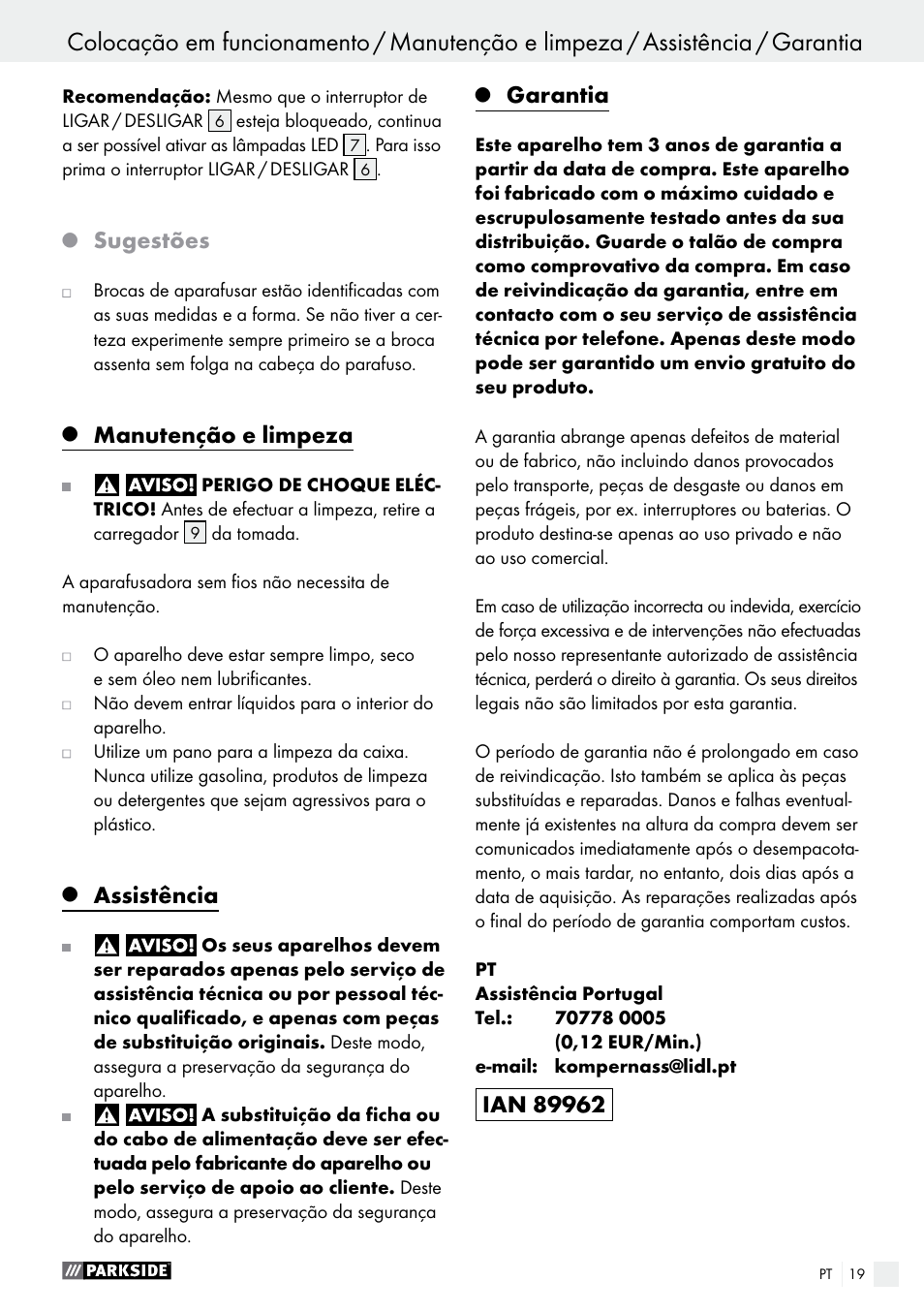 Sugestões, Manutenção e limpeza, Assistência | Garantia | Parkside PAS 3.6 B1 User Manual | Page 19 / 37