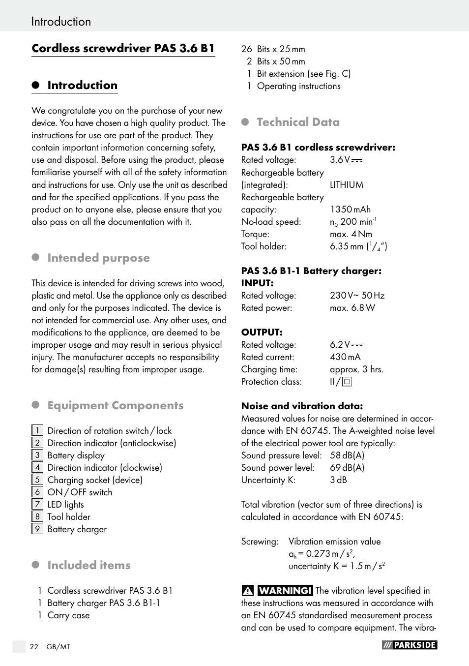 Cordless screwdriver pas 3.6 b1, Introduction, Intended purpose | Equipment components, Included items, Technical data | Parkside PAS 3.6 B1 User Manual | Page 22 / 37