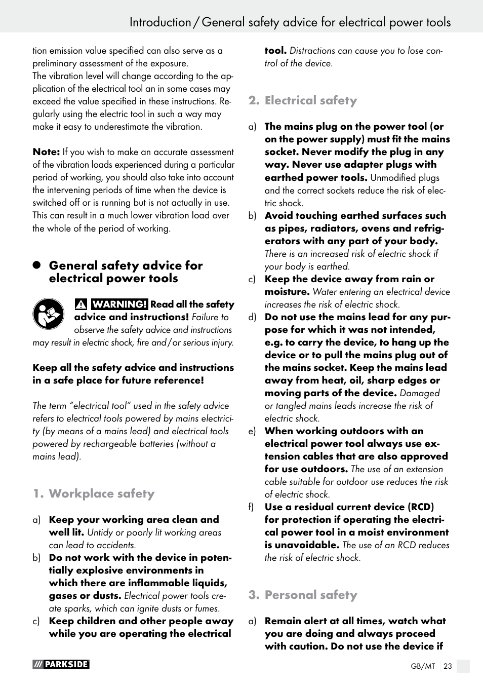 Introduction, General safety advice for electrical power tools, Workplace safety | Electrical safety, Personal safety | Parkside PAS 3.6 B1 User Manual | Page 23 / 37