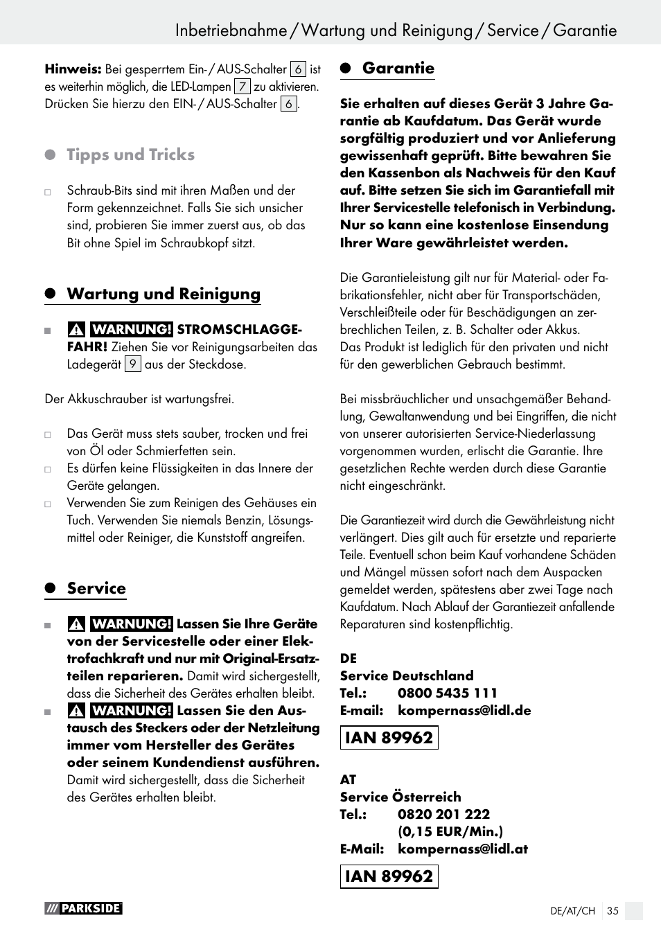 Tipps und tricks, Wartung und reinigung, Service | Garantie | Parkside PAS 3.6 B1 User Manual | Page 35 / 37