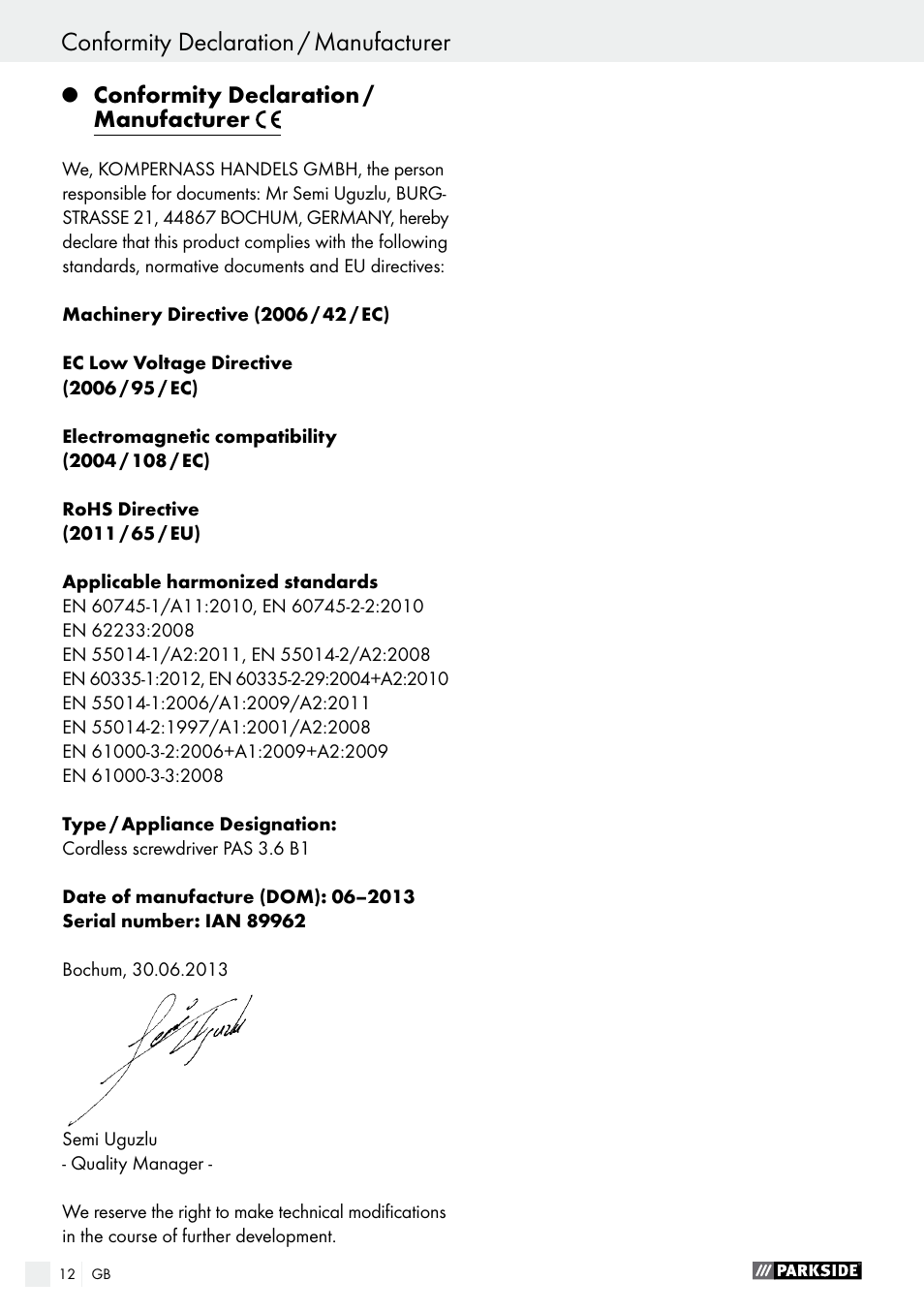 Conformity declaration / manufacturer | Parkside PAS 3.6 B1 User Manual | Page 12 / 53