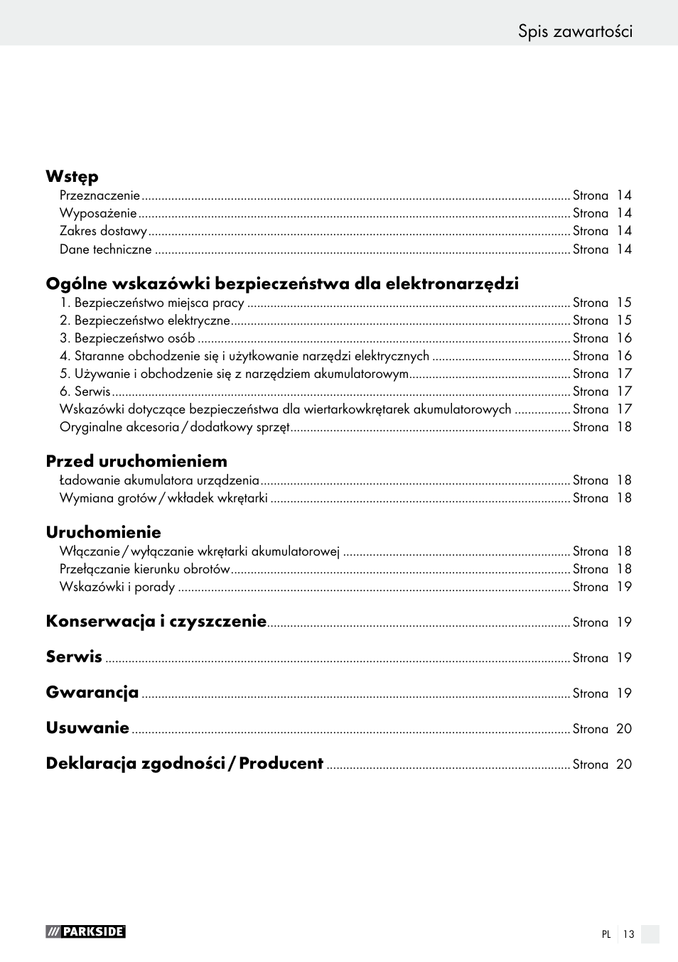 Spis zawartości, Conformity declaration / manufacturer | Parkside PAS 3.6 B1 User Manual | Page 13 / 53