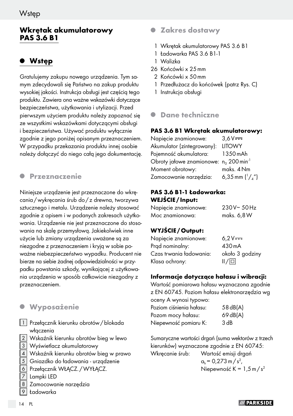 Wkrętak akumulatorowy pas 3.6 b1, Wstęp, Przeznaczenie | Wyposażenie, Zakres dostawy, Dane techniczne | Parkside PAS 3.6 B1 User Manual | Page 14 / 53