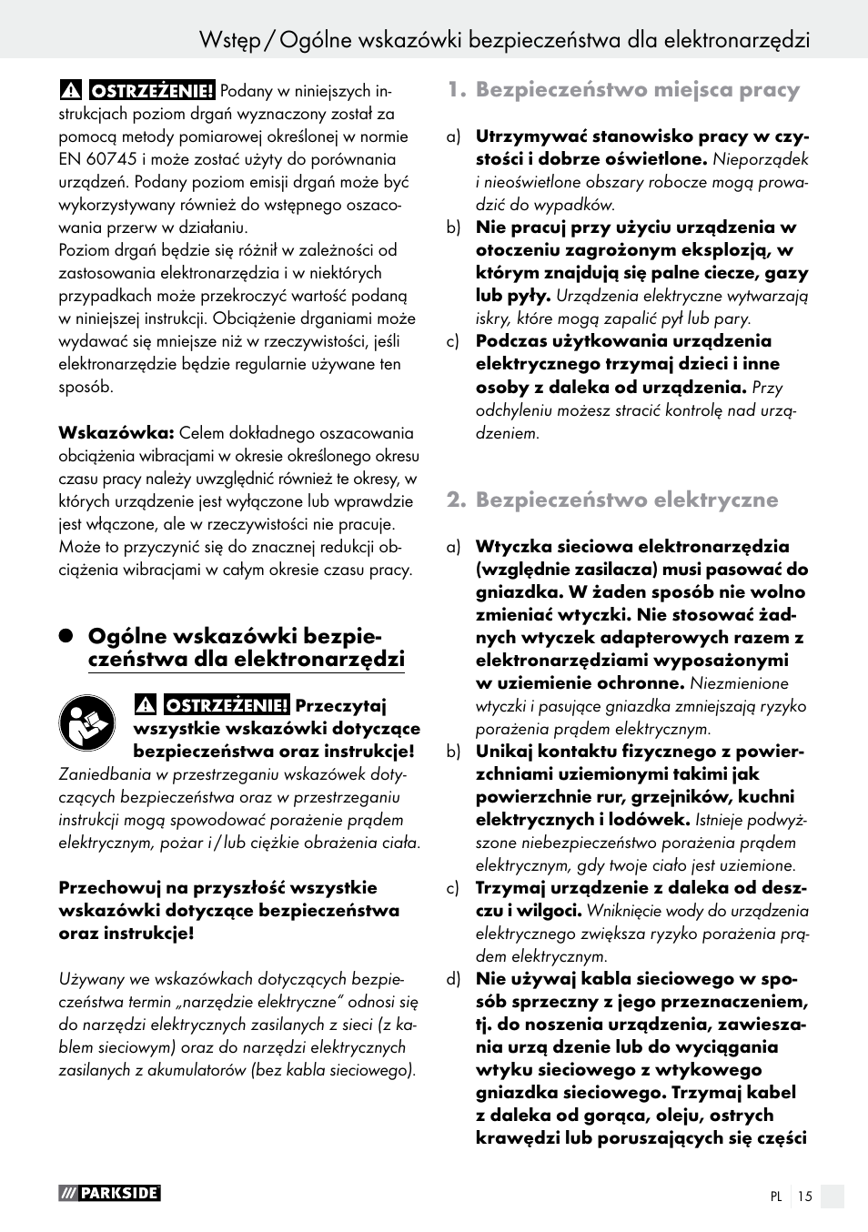 Bezpieczeństwo miejsca pracy, Bezpieczeństwo elektryczne | Parkside PAS 3.6 B1 User Manual | Page 15 / 53