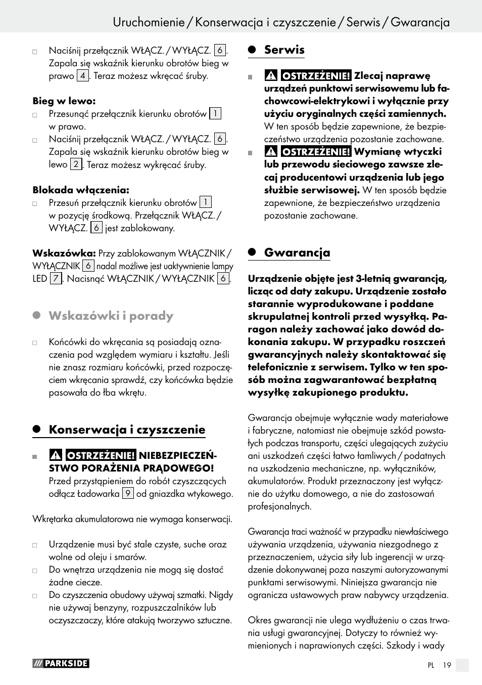 Wskazówki i porady, Konserwacja i czyszczenie, Serwis | Gwarancja | Parkside PAS 3.6 B1 User Manual | Page 19 / 53