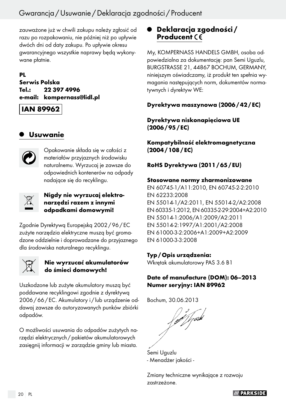Tartalomjegyzék, Usuwanie, Deklaracja zgodności / producent | Parkside PAS 3.6 B1 User Manual | Page 20 / 53