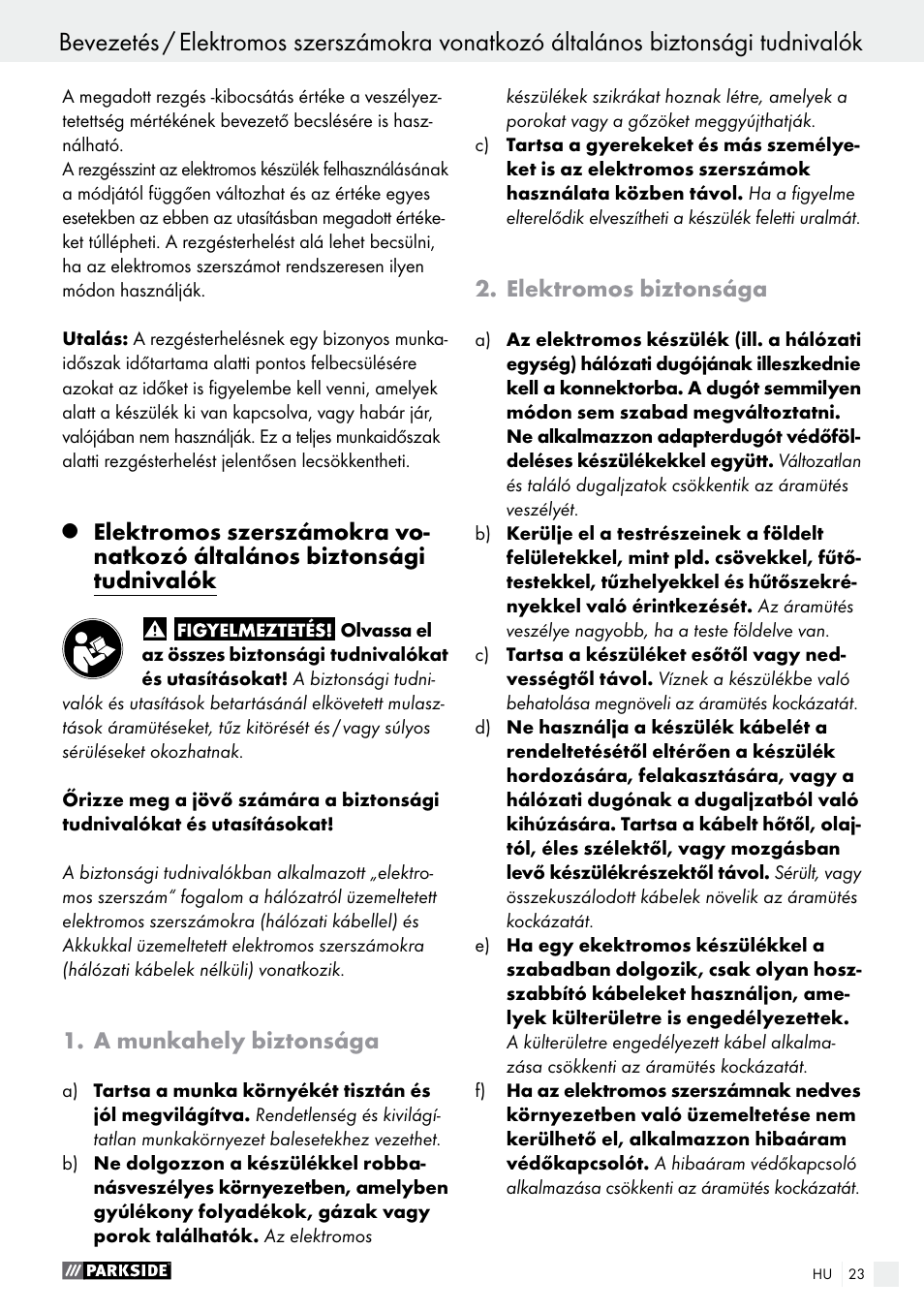 A munkahely biztonsága, Elektromos biztonsága | Parkside PAS 3.6 B1 User Manual | Page 23 / 53