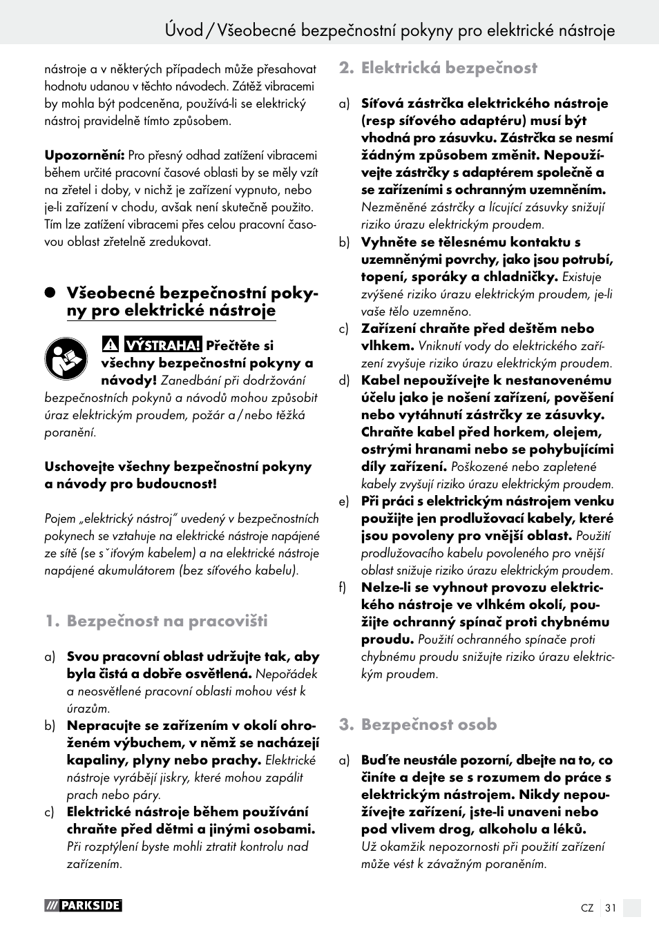 Bezpečnost na pracovišti, Elektrická bezpečnost, Bezpečnost osob | Parkside PAS 3.6 B1 User Manual | Page 31 / 53