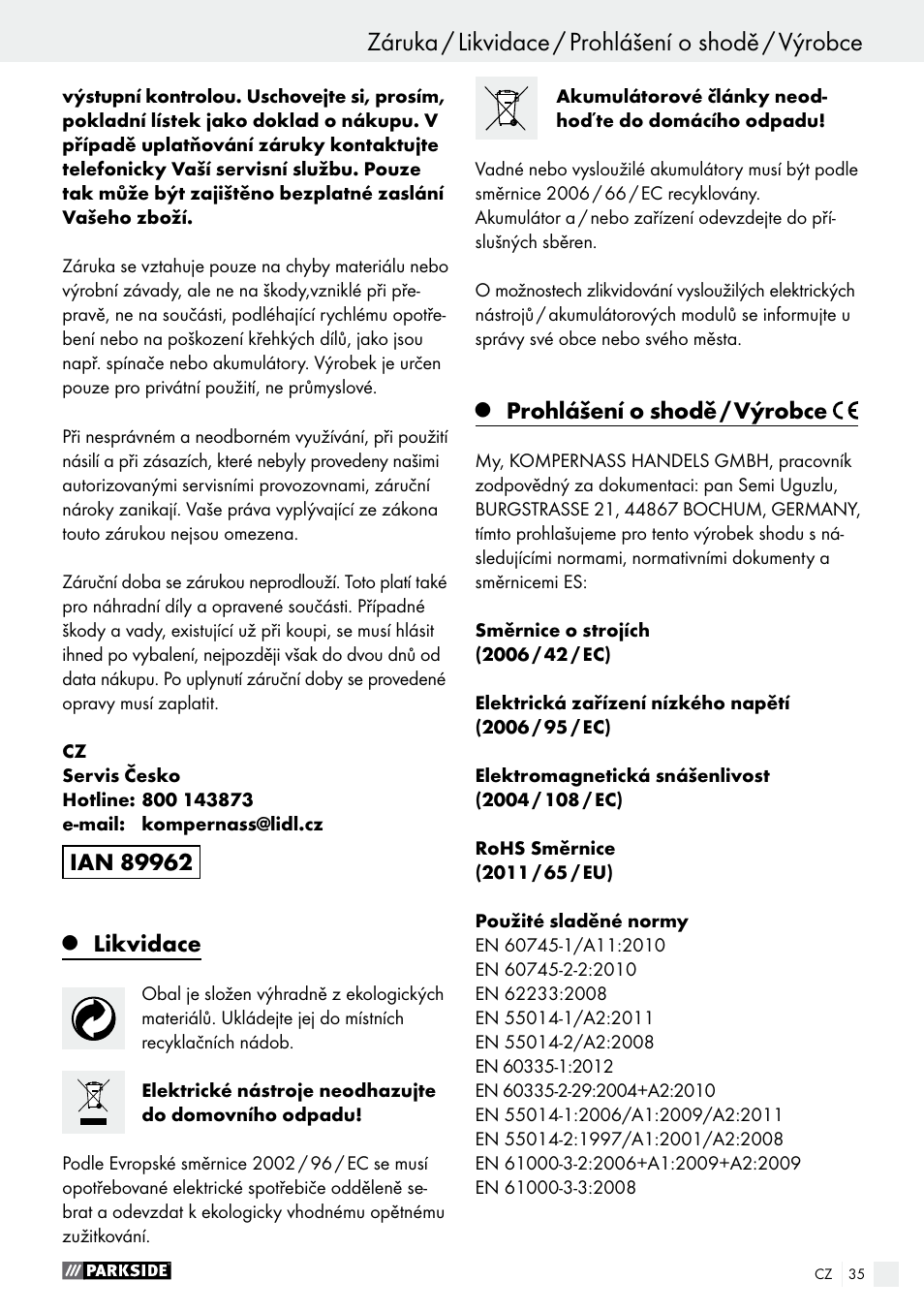 Likvidace, Prohlášení o shodě / výrobce | Parkside PAS 3.6 B1 User Manual | Page 35 / 53