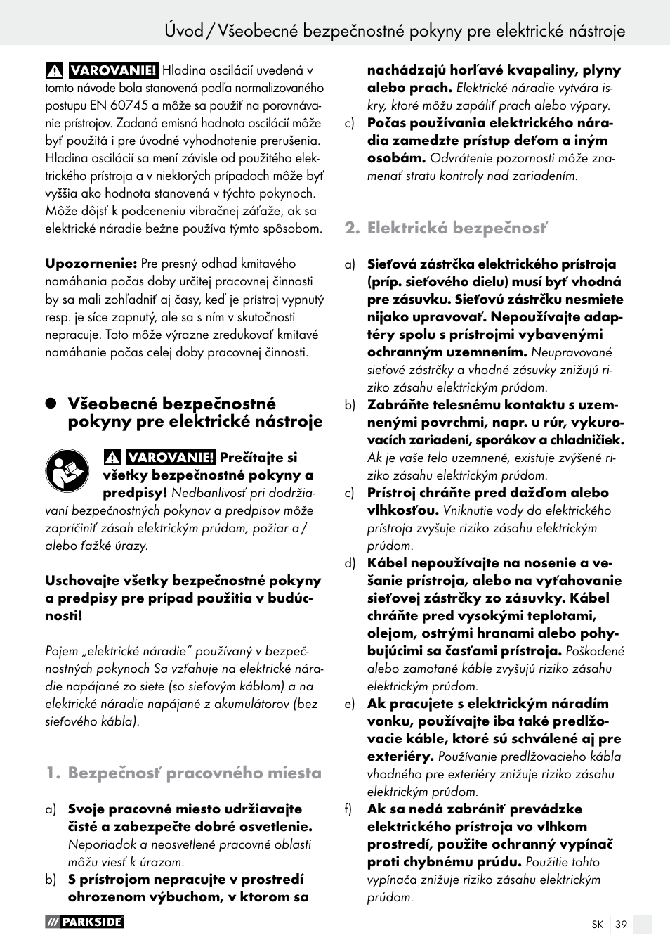 Bezpečnosť pracovného miesta, Elektrická bezpečnosť | Parkside PAS 3.6 B1 User Manual | Page 39 / 53