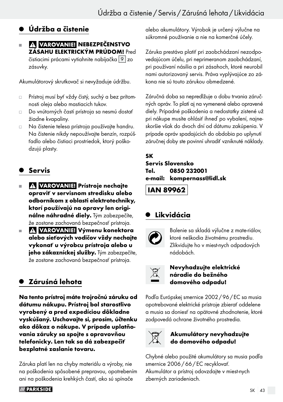 Údržba a čistenie, Servis, Záruśná lehota | Likvidácia | Parkside PAS 3.6 B1 User Manual | Page 43 / 53