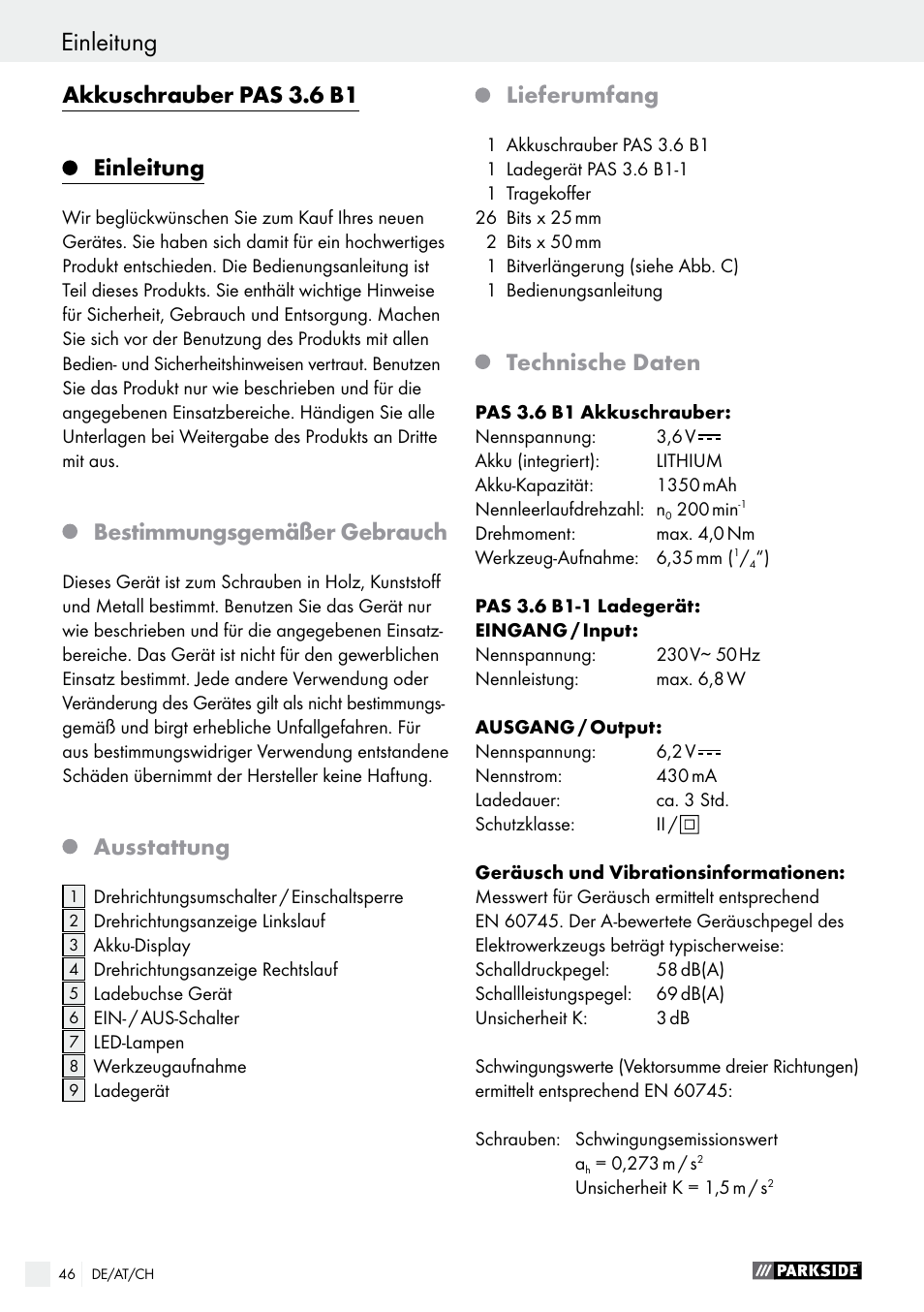 Einleitung, Akkuschrauber pas 3.6 b1, Bestimmungsgemäßer gebrauch | Ausstattung, Lieferumfang, Technische daten | Parkside PAS 3.6 B1 User Manual | Page 46 / 53