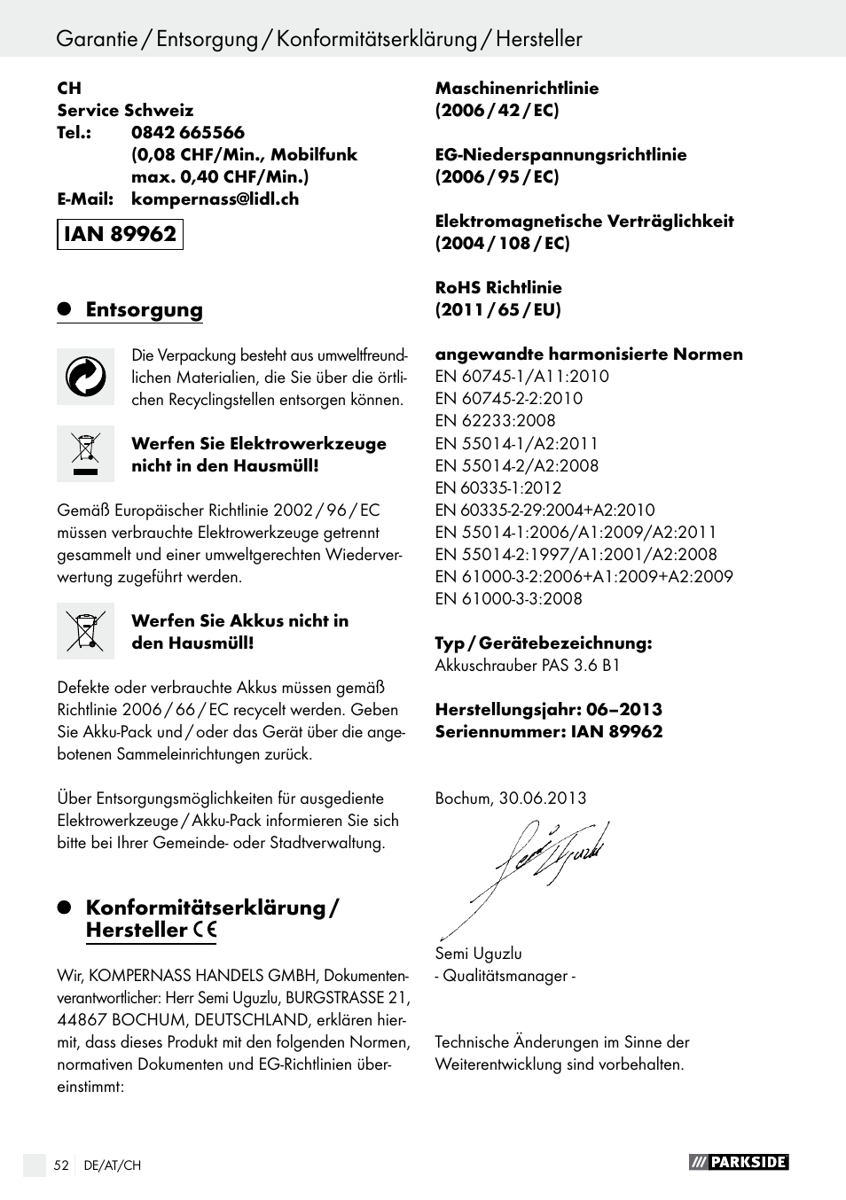 Entsorgung, Konformitätserklärung / hersteller | Parkside PAS 3.6 B1 User Manual | Page 52 / 53